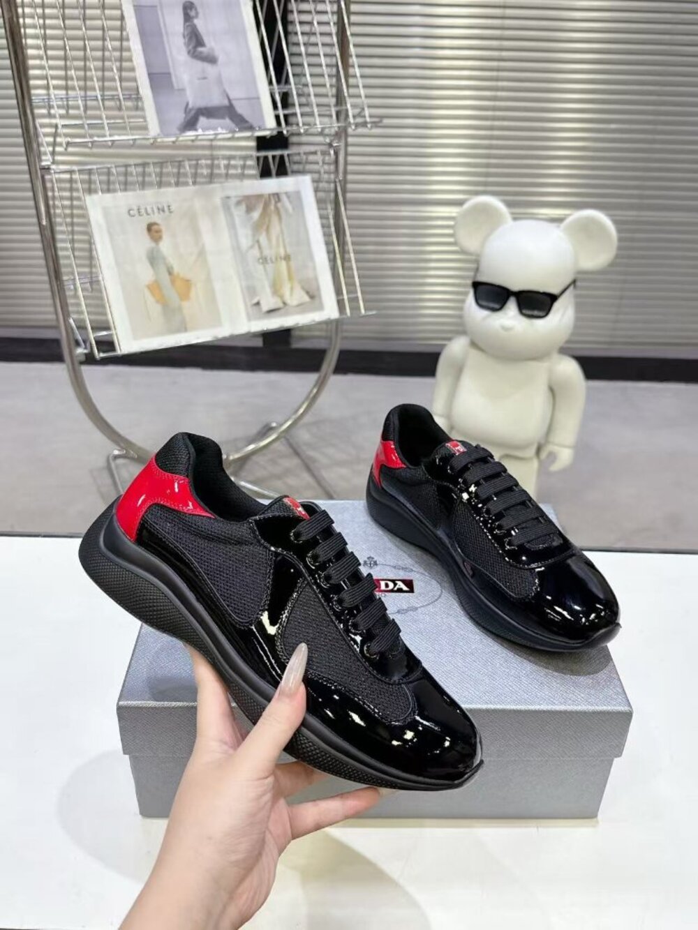 Prada Men’s Black Patent Leather & Mesh Sneakers